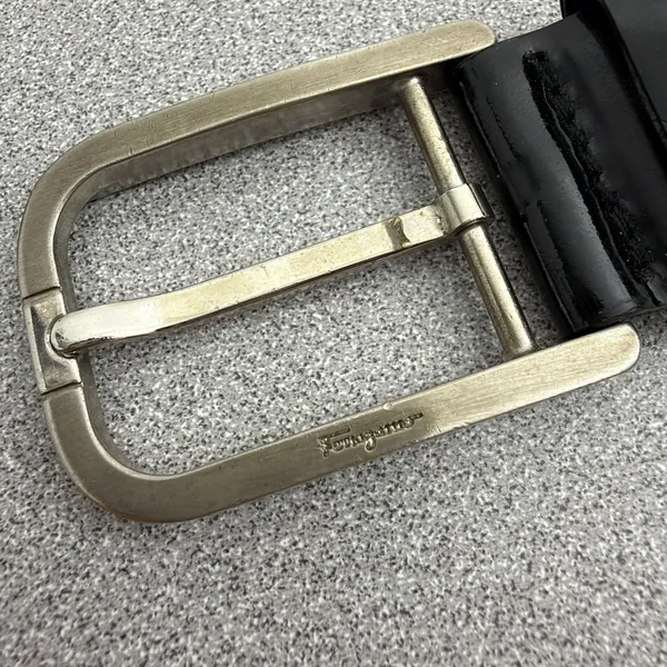 Salvatore Ferragamo Belt Mens 36 Black Patent Leather Silver Buckle Designer - Image 2