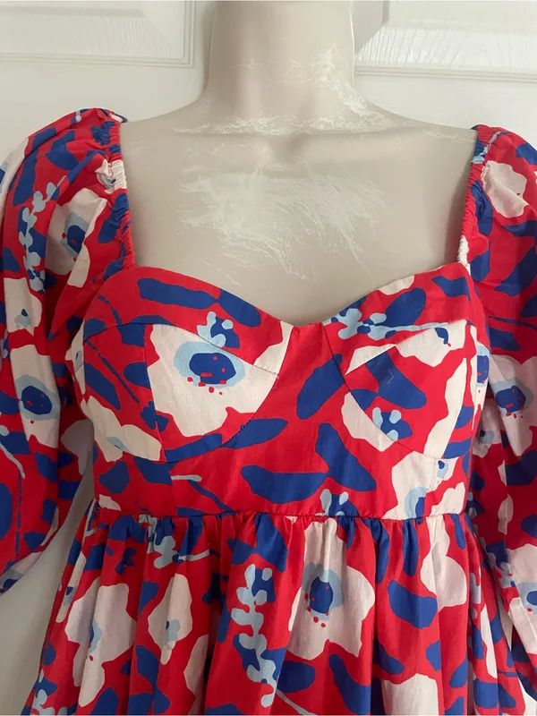 Anthropologie Hutch Bold Red and Blue Puffy Sleeve Mini‎ Dress - Image 2