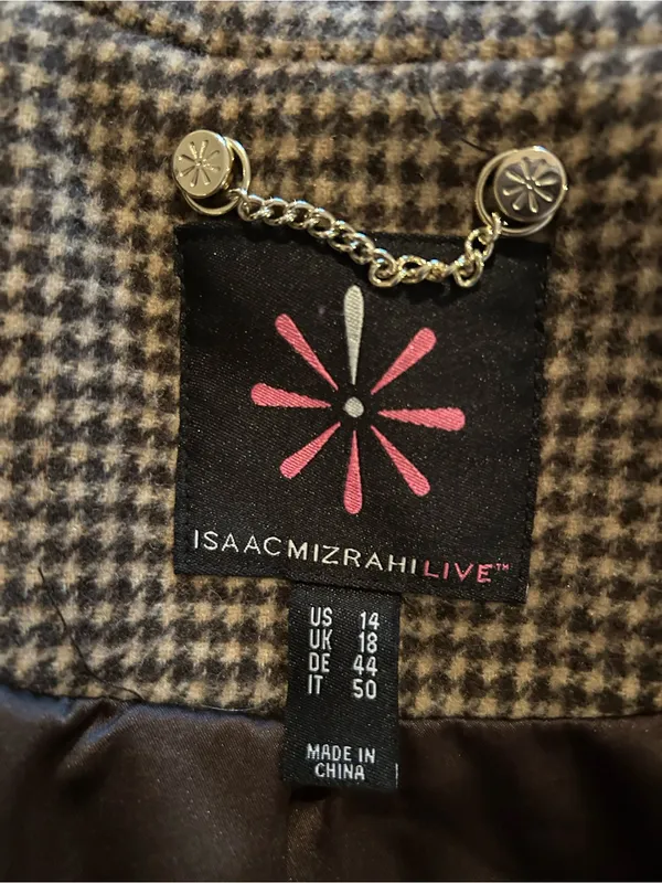 Isaac Mizrahi Black and Cream Houndstooth Toggle Pea Coat Sz 14 - Image 2