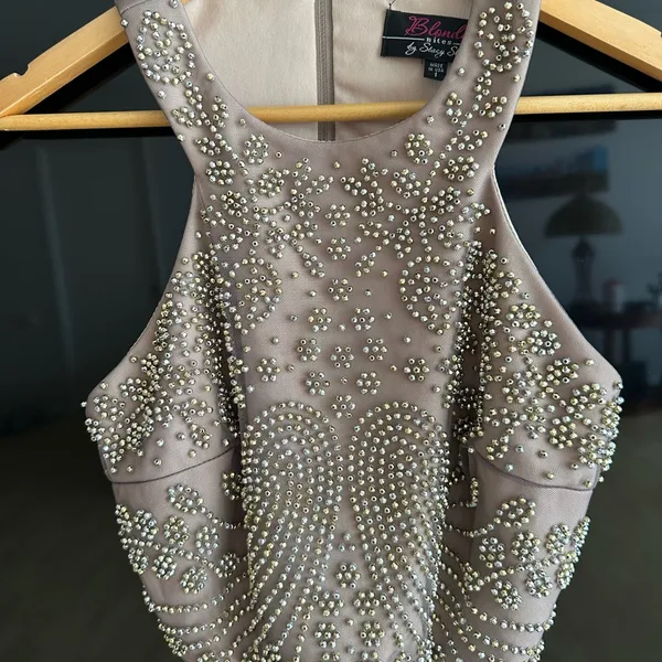 Blondie Nites Beaded Mesh Crop Top Nude Champagne Crystal Embellished Small USA - Image 2