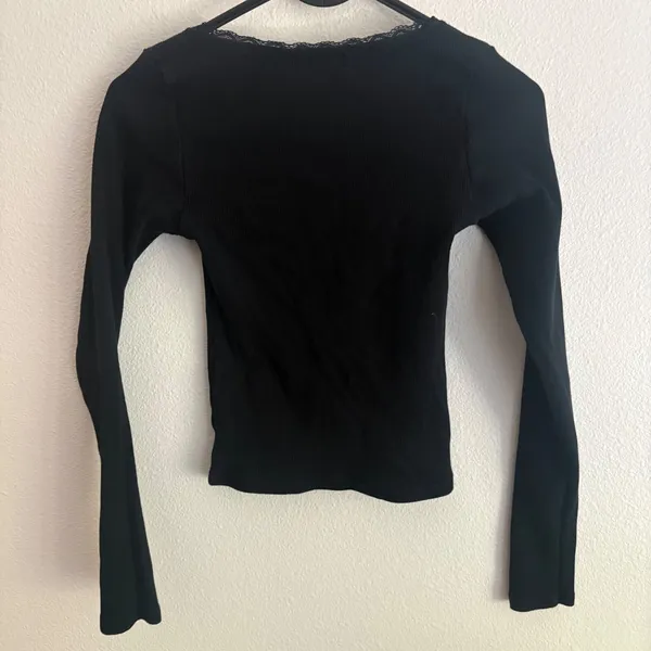 Motel Rocks Black Ribbed Lace Trim Scoop Neck Long Sleeve Top Small Bow Detail - Image 6