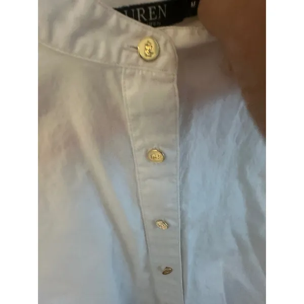 Lauren Ralph Lauren White Balloon Sleeve Blouse M Gold LRL btns Mandarin Collar - Image 2