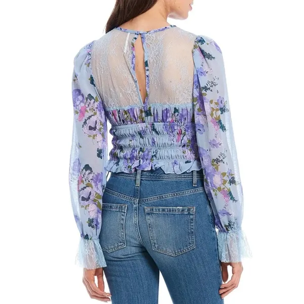 Free People Daphne Floral Lace Blouse In Silver Blue Combo NWT XS - Image 4