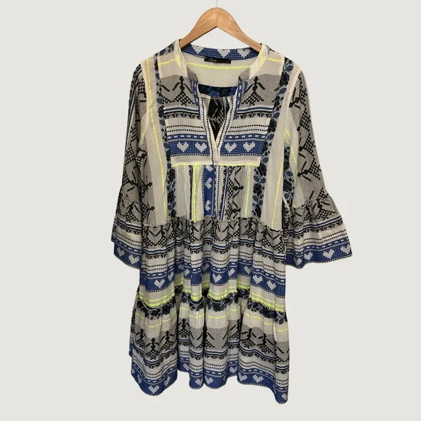 Devotion Twins Ella Dress Blue White Neon Yellow Embroidered Tiered Tunic Medium - Image 2