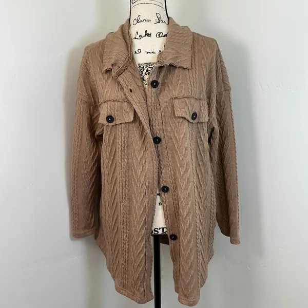 Oversized Knit Shacket Button Down Collared‎ Top Pockets Tan Medium Brown - Image 2