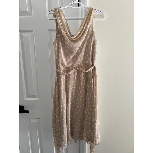 R&K‎ Womens Size 10 Polka Dot Midi Dress Cowl Neck Sleeveless Belted Tan - Image 4
