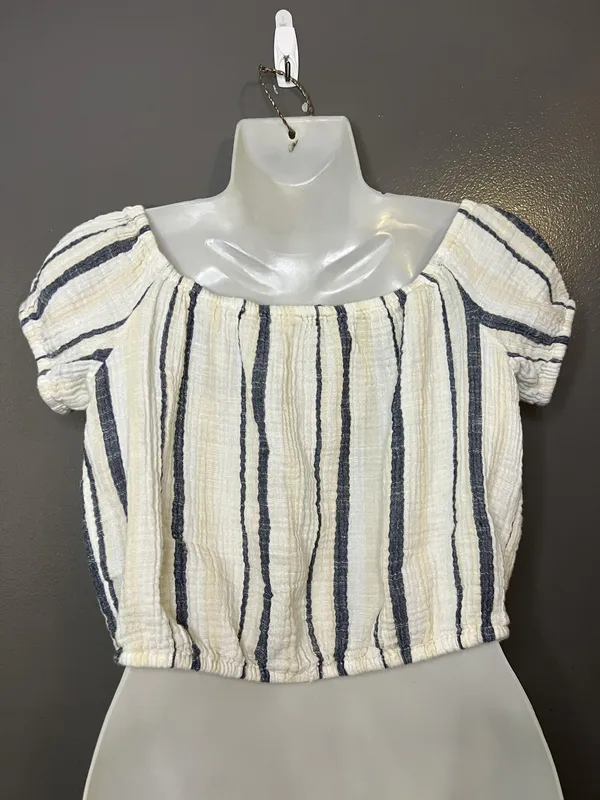 American Eagle Outfitters Blouse Womens Small Striped Puff Sleeve Cropped Top - Image 4
