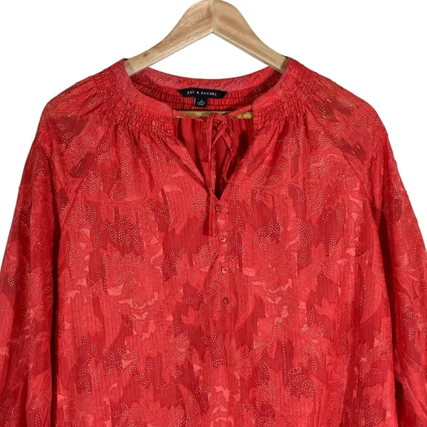 Zac & Rachel Peasant‎ Floral Jacquard Blouse Red Boho Smocked Metallic Size M - Image 3