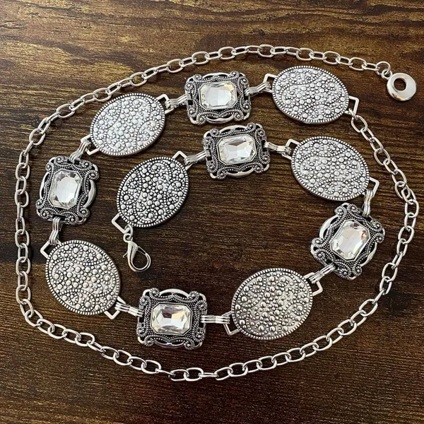 Silver Y2K Crystal Concho Medallion Chain Belt, Fits 24 to 46 Inches, X7GA1316 - Image 6