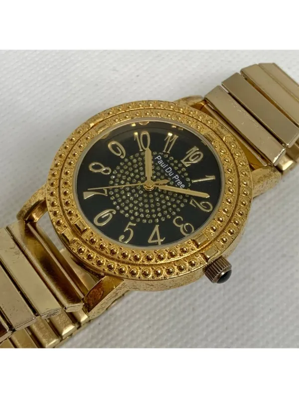 Paul Du Pree women’s gold tone watch black dial crystals 37mm quartz running - Image 2