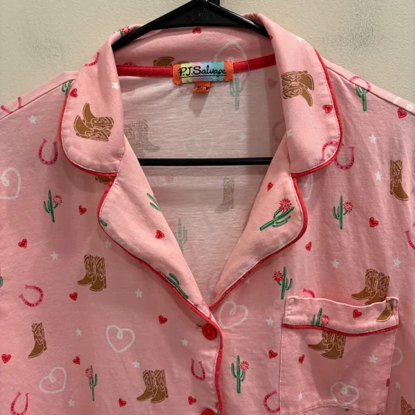 PJ Salvage Whimsy Boot Scootin Pink Pajama Set Western Cowboy Hearts Medium - Image 4
