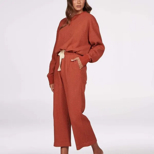 Charlie Holiday Rust Waffle Knit Sweatshirt Wide Leg Pants Lounge 2 Piece Set - Image 4