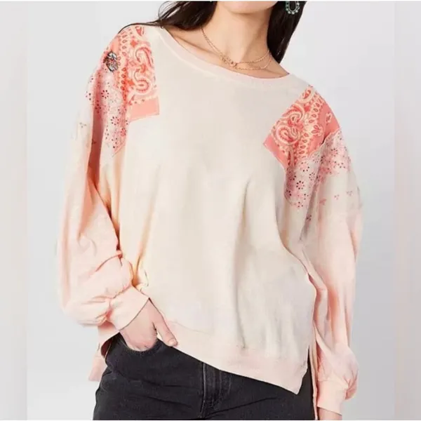 We the Free Boho Patchwork Cream Oversized Longsleeve Crewneck Size Small - Image 2