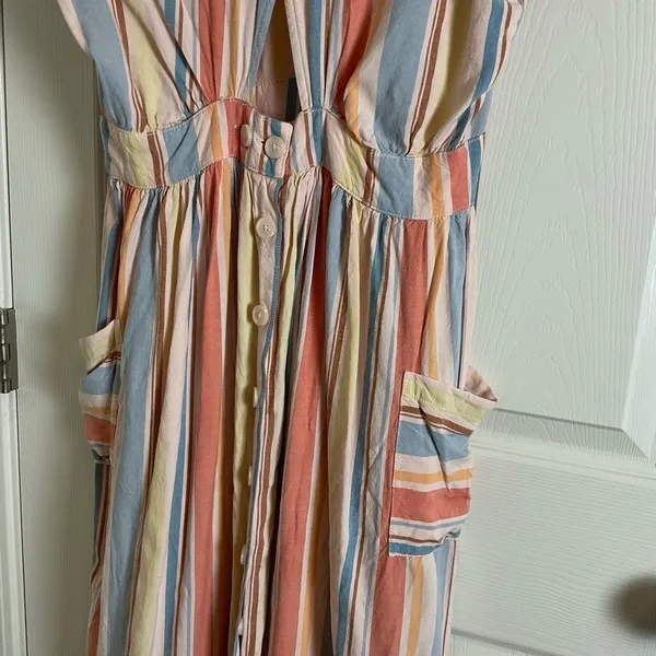 a.n.a Striped Linen Blend Midi Dress Open Back Pockets Women’s Size M - Image 9