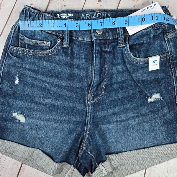 Arizona Jeans Co Size 2 High Rise Curvy Midi Denim Shorts‎ Distressed Cuffed - Image 6