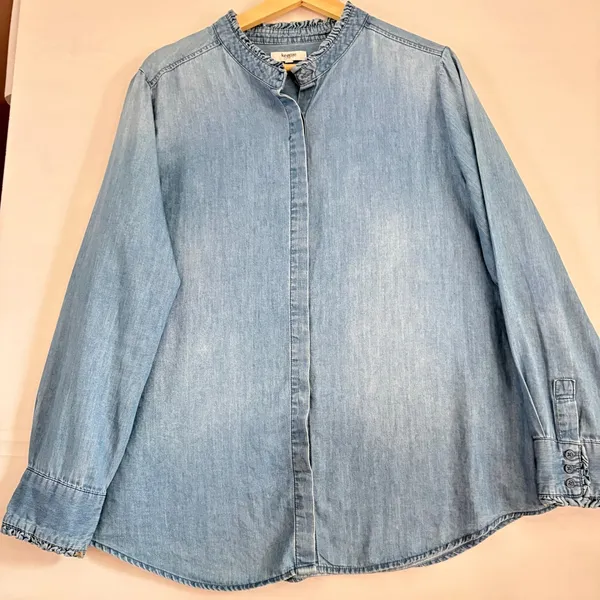 Kensie Jeans Blue Denim‎ Shirt Ruffle Mandarin Collar Long Sleeve Light Wash XL - Image 2