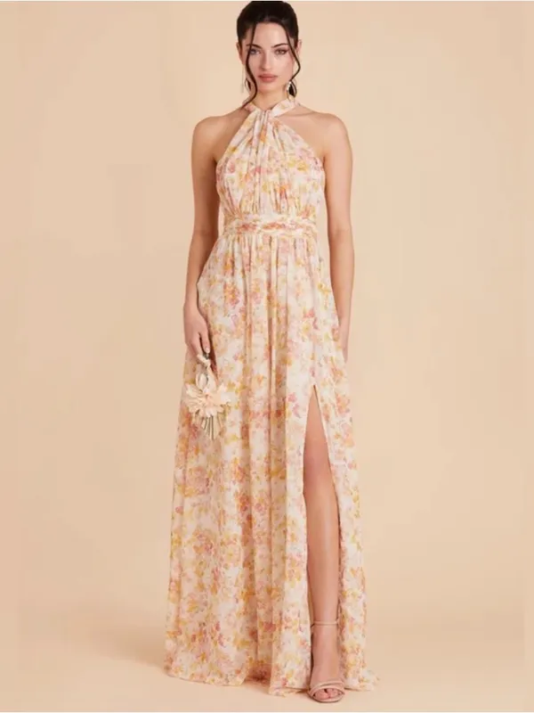 Birdy Grey Grace Convertible Dress with slit in Chiffon Pressed Floral sz S NEW - Image 4