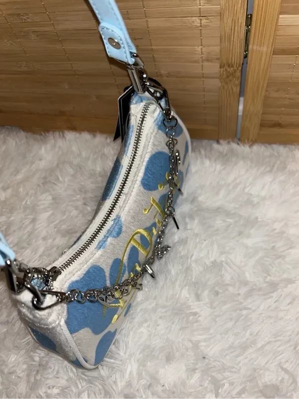 Von Dutch blue white cow print shoulder bag with chain charms purse tote handbag - Image 5