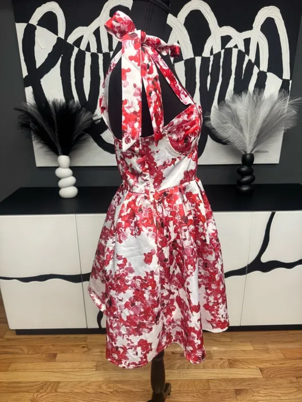 Source Unknown White Red Floral Mini Dress XS Tie Strap Sweetheart Summer Flowy Cute - Image 3