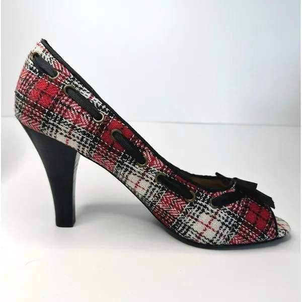 Steve Madden NINNA Plaid Peep Toe Heels Size 9 M Red Tweed Bow‎ Twee Y2K Pin-Up - Image 10