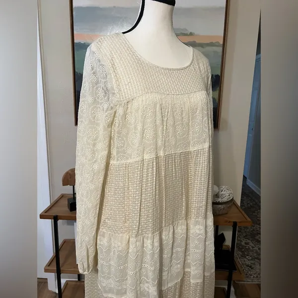 Free People Gemma Eyelet Lace Midi Dress XS Cream Cottage Core Prairie Romantic - Image 5