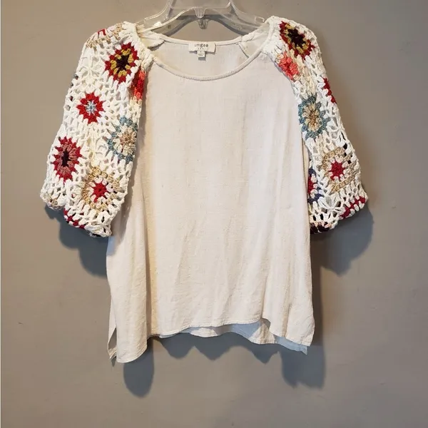 Umgee Boho Crochet Sleeve Top - Cream - Image 3