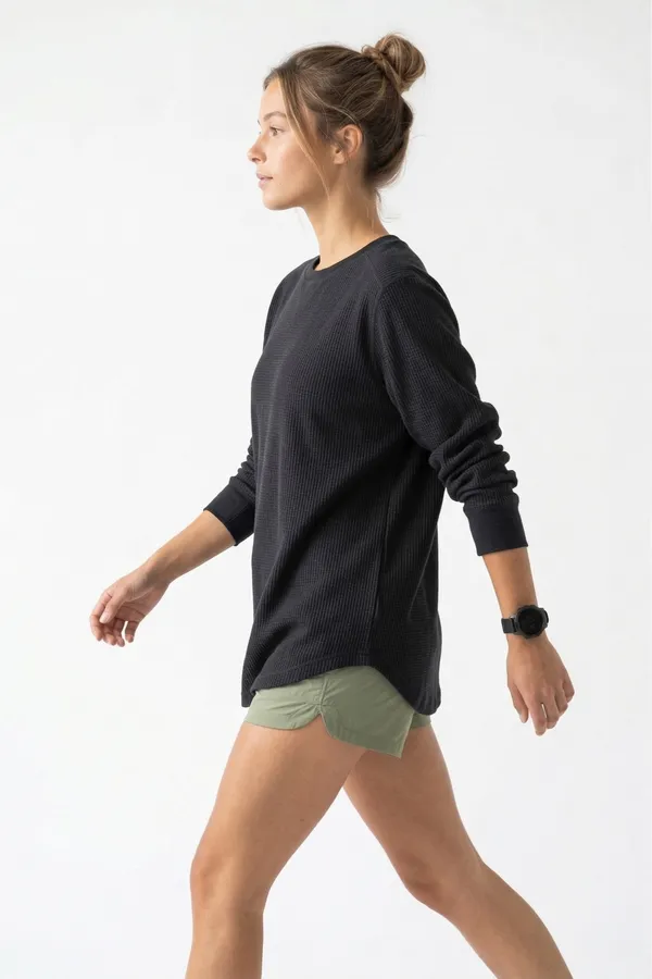 Heavyweight Waffle Knit Thermal Crewneck - Black (80% Cotton / 20% Poly) - Image 2