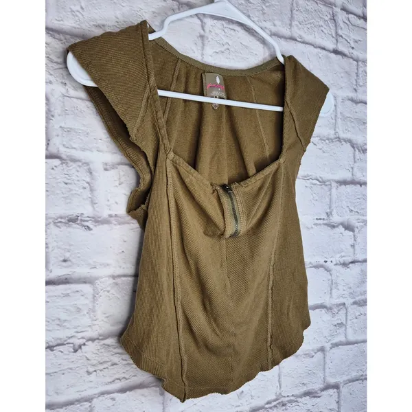 FP Movement Free People Ribbed Corset Top Brown Tan Short Sleeve Zip Medium S - Image 2