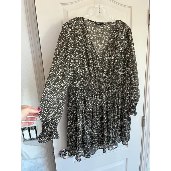 Zara Womens Green Cream Polka Dot Smocked‎ V-Neck Mini Dress L - Image 15