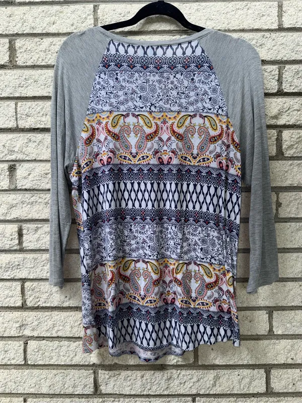 Cato Grey Raglan Mixed-Print Long Sleeve Top with Navy and Yellow Accents - Image 6
