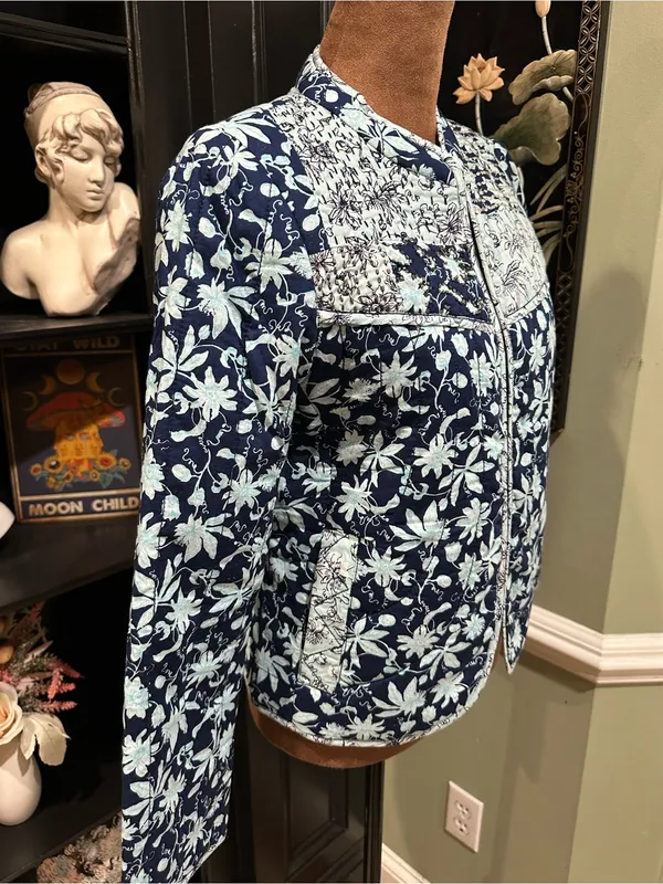 Anthropologie Leifsdottir Blue Floral Quilted Boho Jacket – Size 8 - Image 11