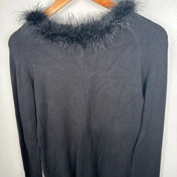 Vintage Y2K Max Studio‎ Small Sweater Feather Trim Black Long Sleeve Rayon Blend - Image 4