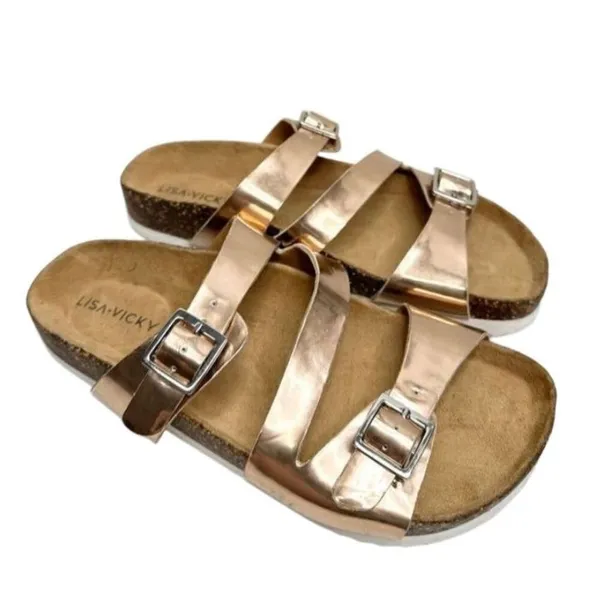 Lisa Vicky Womens Rose Gold Metallic Triple Strap Cork Footbed Sandals Size‎ 6M - Image 2