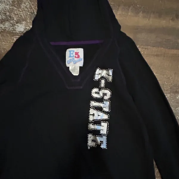 E5 College Classics K-State Rhinestone Hoodie Black Y2K V-Neck Sweatshirt Womens - Image 2