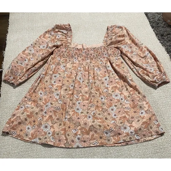 J.CREW Floral Square Neck Puff Long Sleeve Smocked Mini Dress 100% Cotton L - Image 2