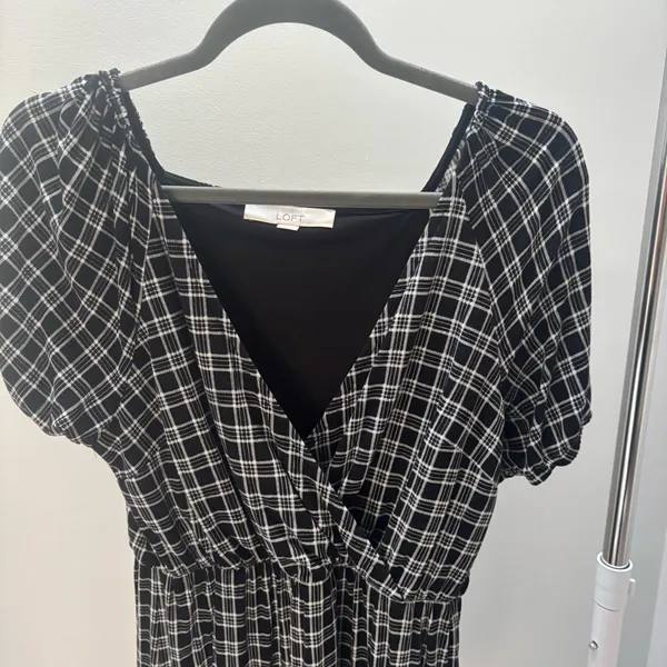 LOFT Black and White Plaid Surplice Dress - Image 4