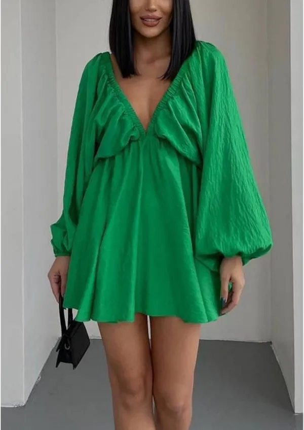 Green Flowy V neck Mini Dress - Image 2
