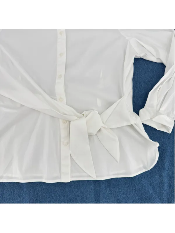 J Jill White Blouse Off Center Sash Tied Waist Preppy Office Siren Chic Polished - Image 2