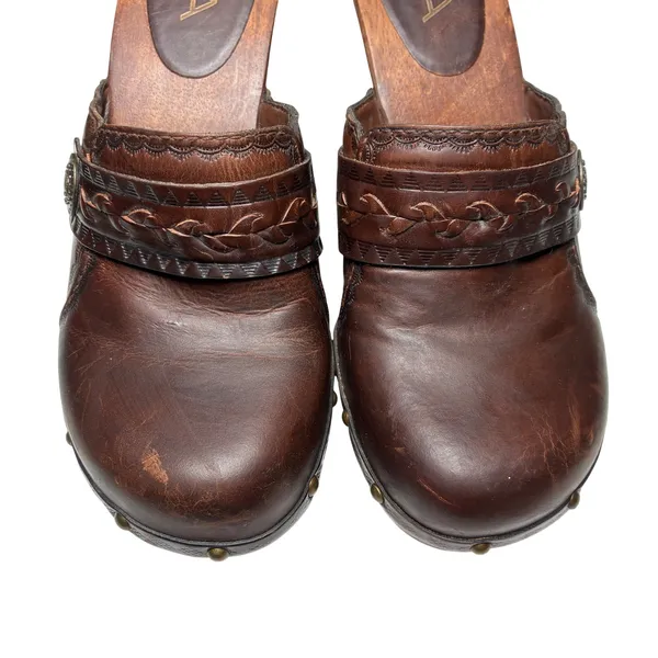 MIA Brown Leather Clogs Womens 7 Braided Studded Wood Platform Boho 70s - Image 2