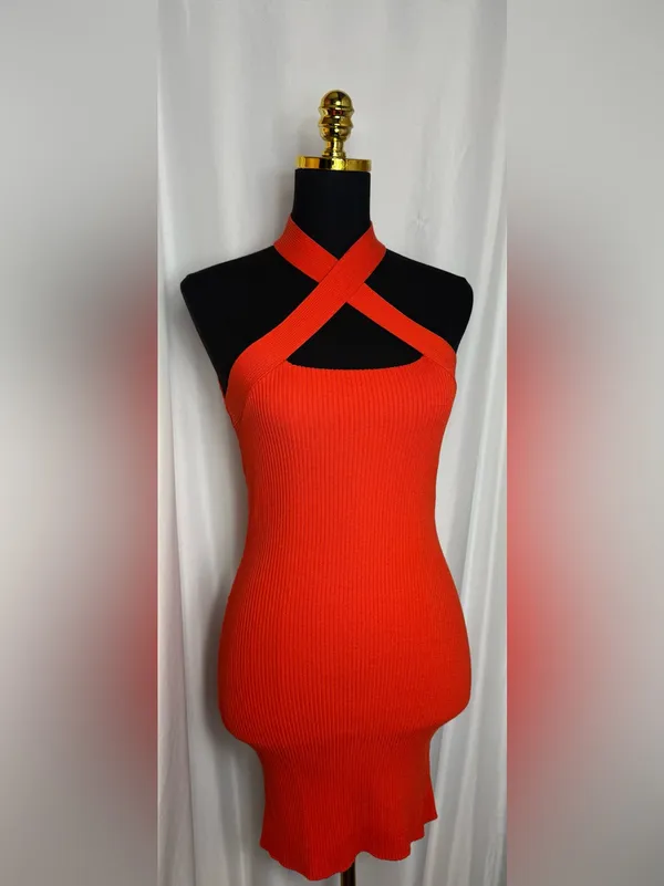 FOREVER 21 Orange Knit Criss Cross front Midi Dress S Sleeveless Ribbed NWT - Image 3