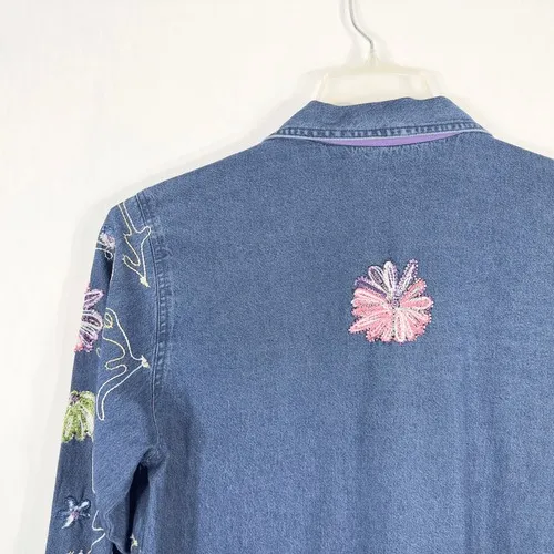 Jane Ashley Medium Petite Top Shacket Beaded‎ Denim Blue Embroidered Button 311 - Image 6