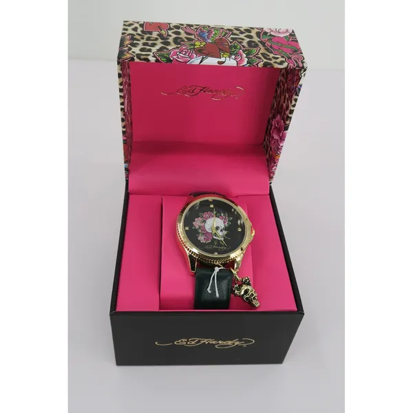 Ed Hardy Women Watch Gold Tone Skull Roses Black Strap Tattoo Art New In‎ Box - Image 4