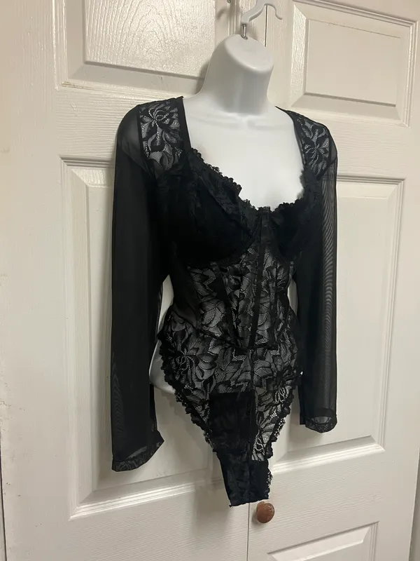UNBRANDED Black Lace Bustier Sheer Mesh Sweetheart Neck Bodysuit - Image 7