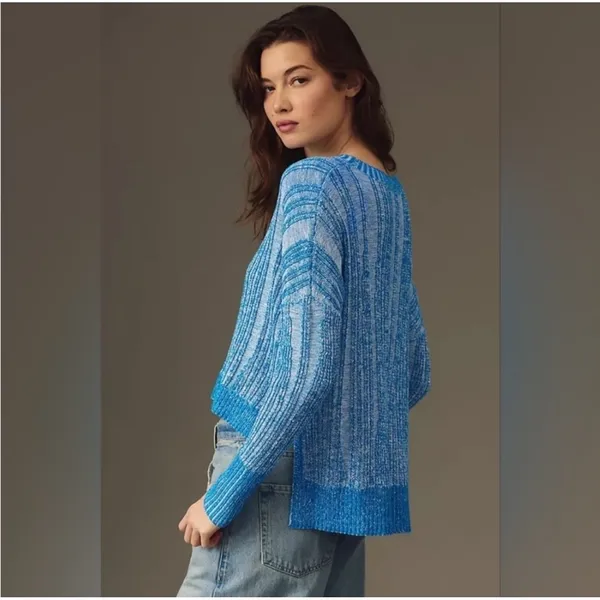 Pilcro Anthropologie Blue Striped‎ Knit Sweater Pullover Casual Lightweight Cropped Top - Image 2