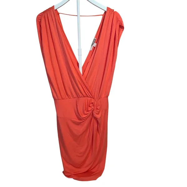 Forever 21 Coral Ruched Mini Dress Deep V Neck Sleeveless Cocktail Party - Image 2