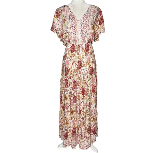 Vivimos Floral Maxi Dress L Prairie Flowy Relaxed Romantic Henley Elastic Waist - Image 4