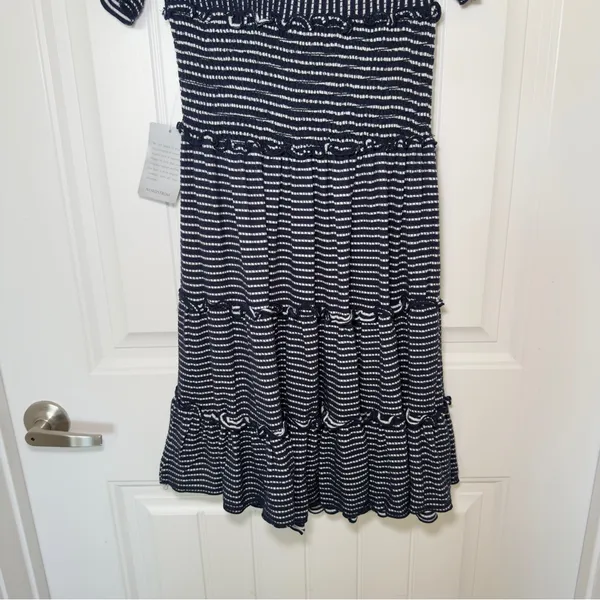 Max Studio Small Navy Jersey Smocked Waist Tiered Stripe‎ Dress Cottagecore - Image 8