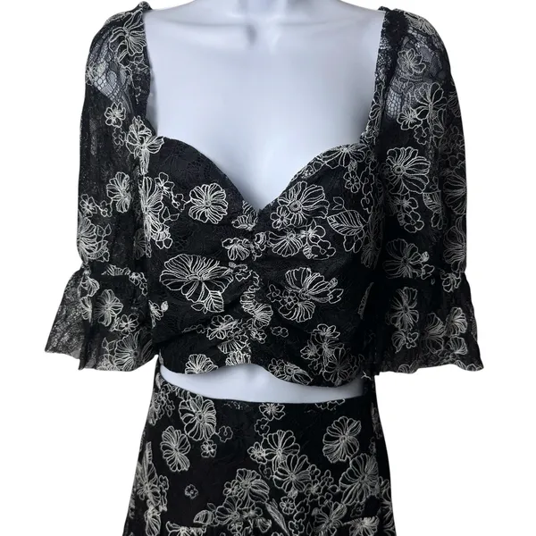 Bossa Concept Black and White Floral Lace Crop Top Maxi Skirt Set Feminine‎ L - Image 3