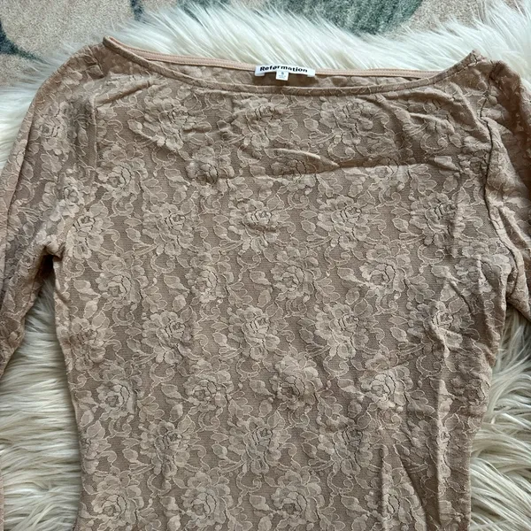 REFORMATION Adriano Lace Knit Top In Chai - Image 3