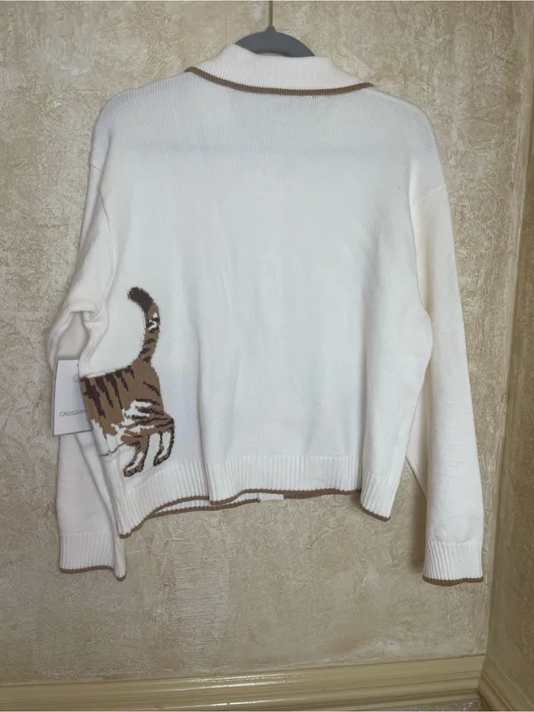 Anthropologie Calligraphie Novelty Knit Cat Sweater Cardigan Grandma Cream L - Image 5